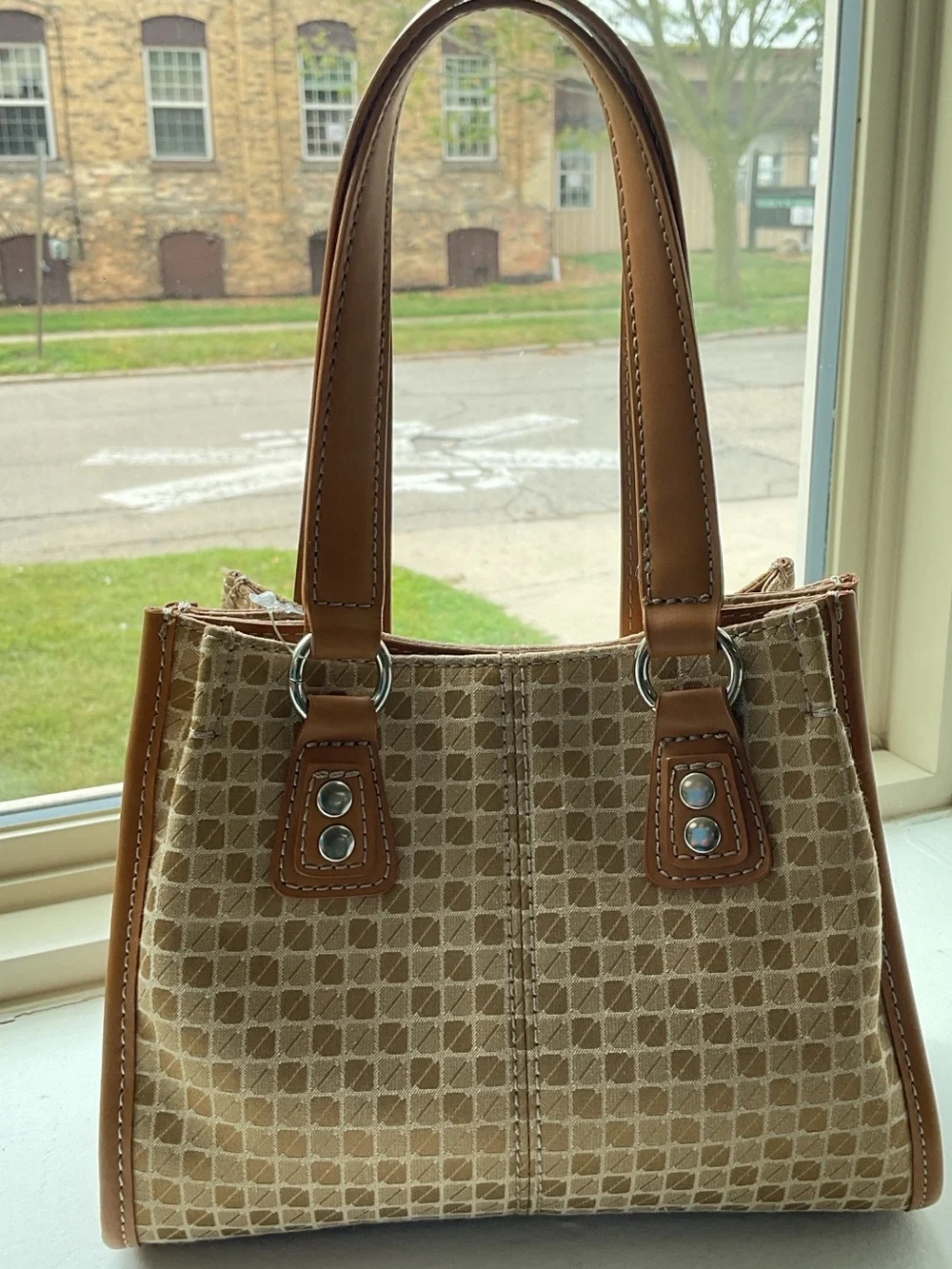 Tan Patterned Tote with Leather Trim